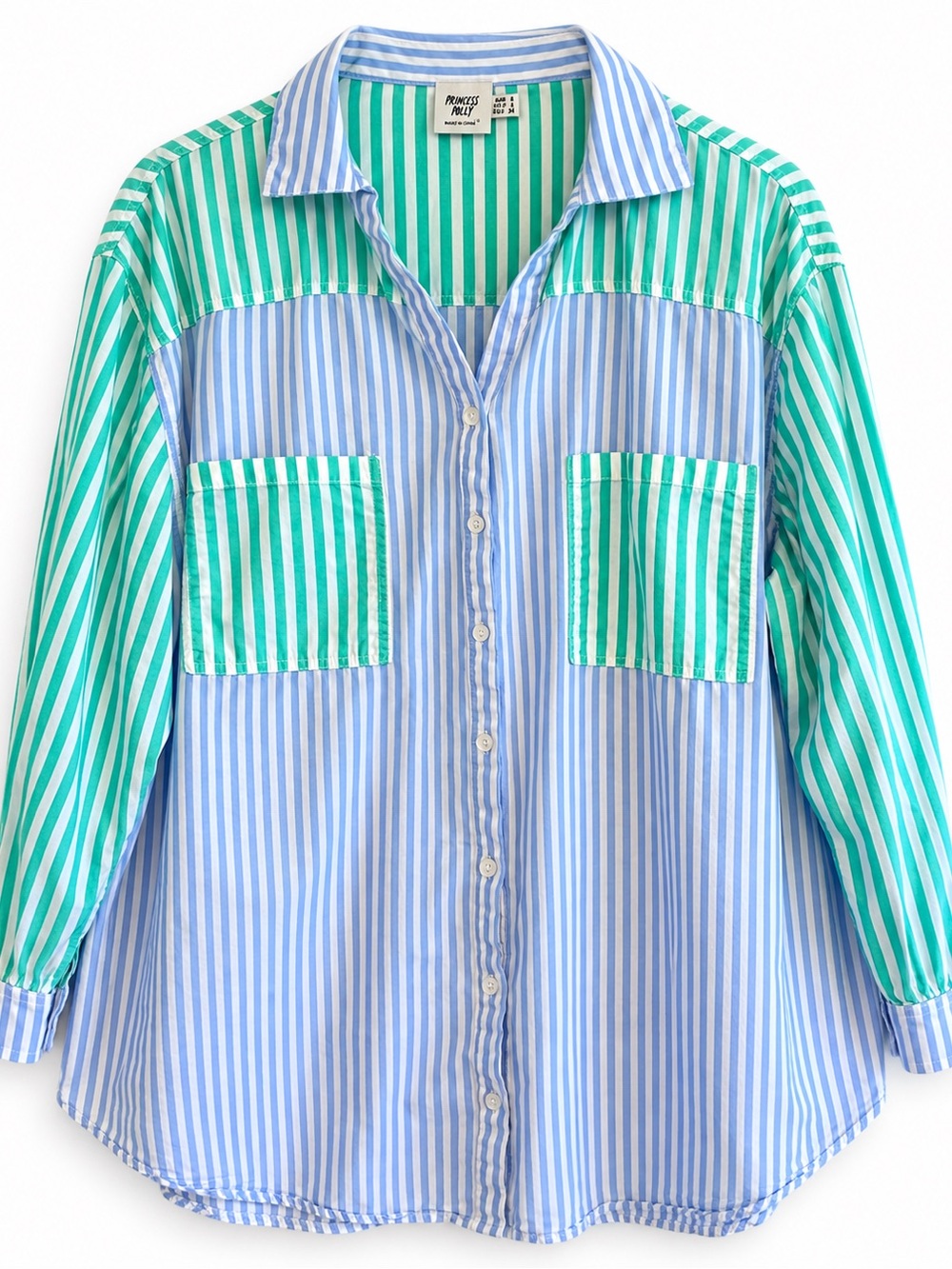 Princess Polly Womens 4 Striped Button Down Shirt Blue Green Oversized Coastal